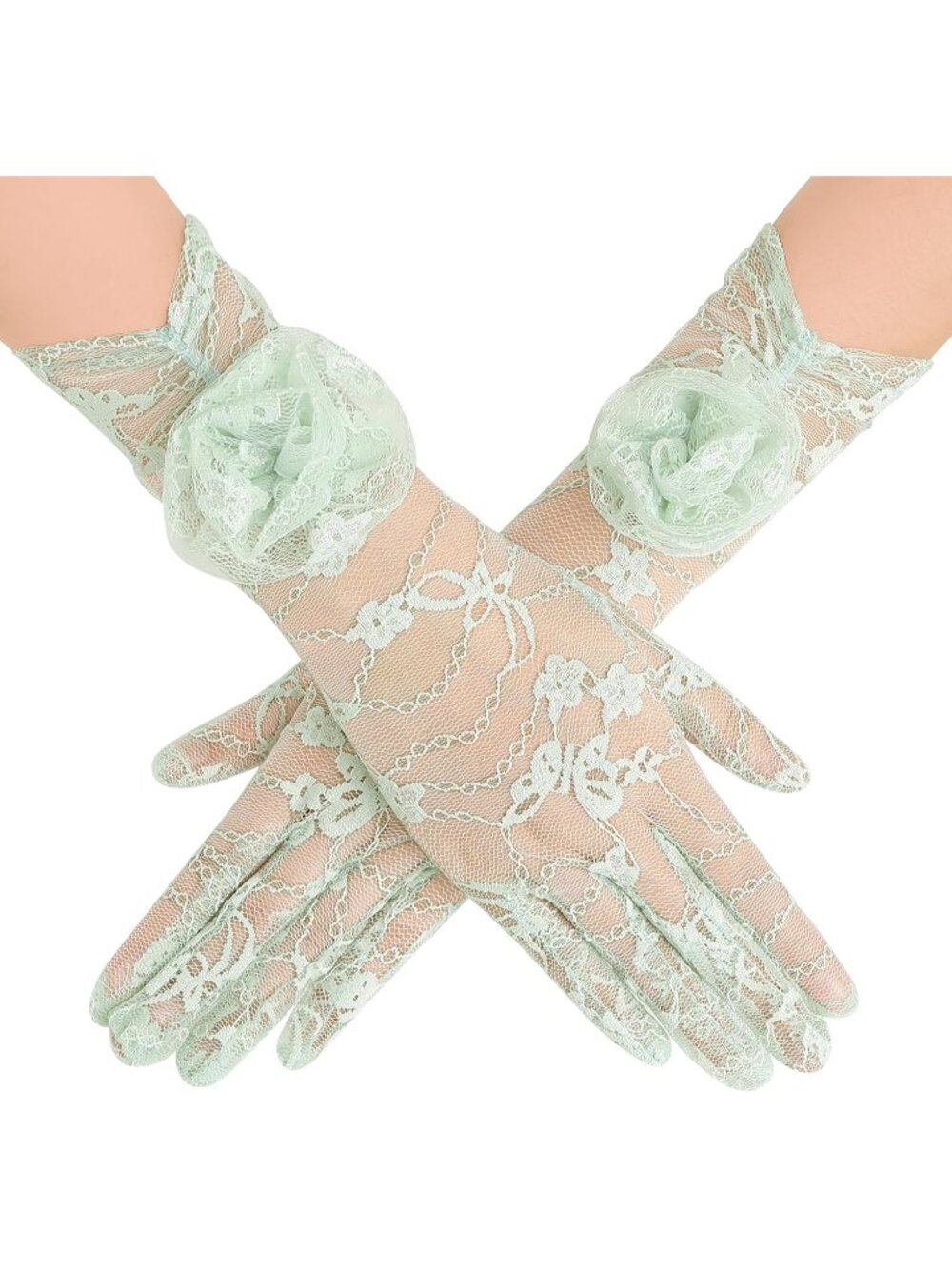 Women Mint Green Lace Floral Tea Wedding Bridal Bridal Gloves with 3D Rose